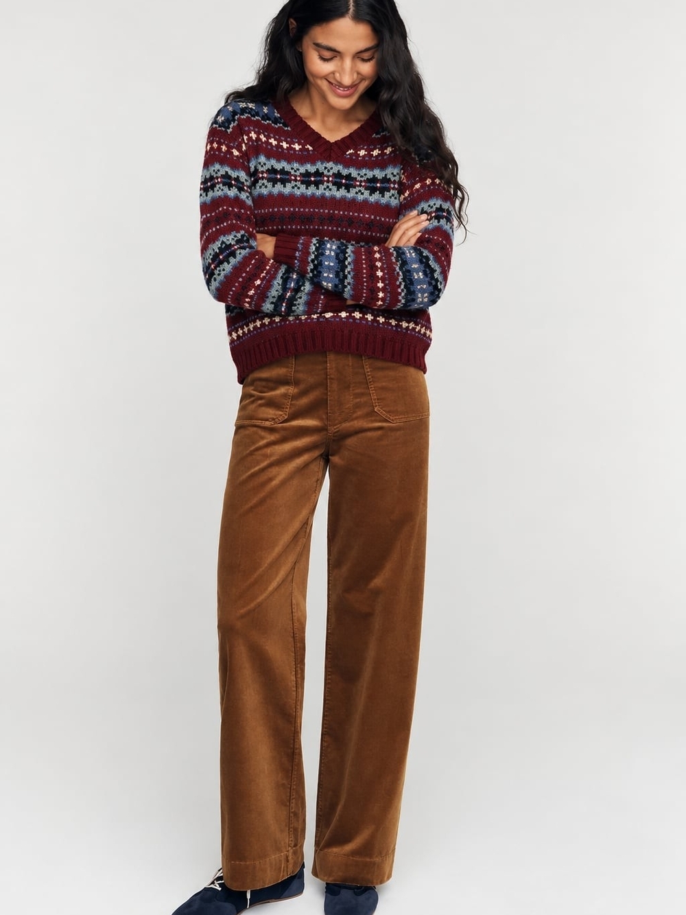 Eddie Bauer Burgundy V-Neck Fair Isle Sweater Nordic Winter